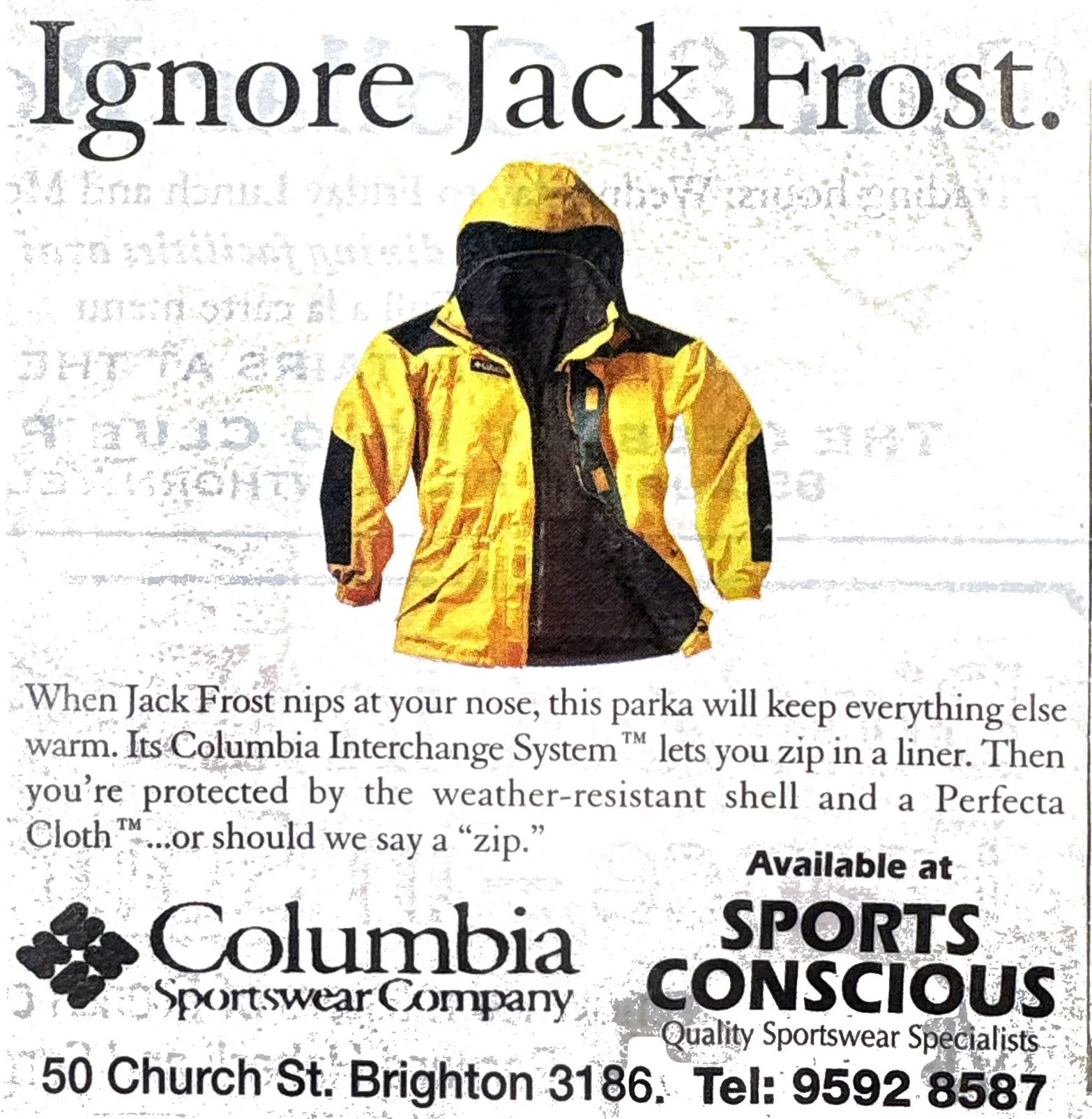 Historic Columbia outerwear advertisement for Sports Conscious